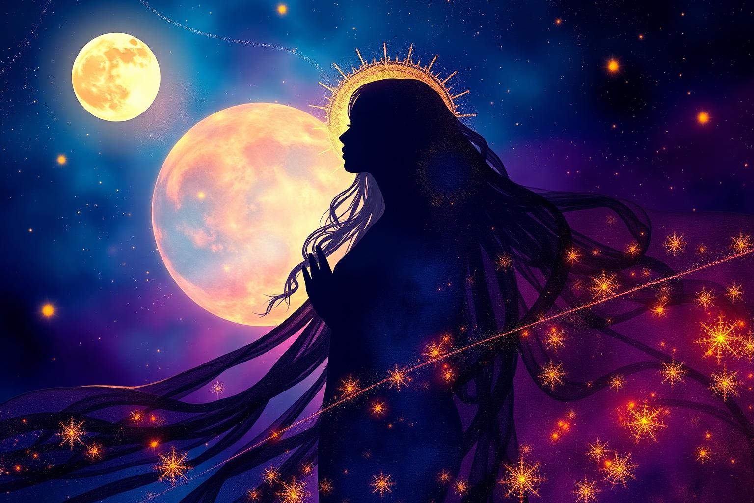 The Divine Mother — a goddess silhouette beneath the moon